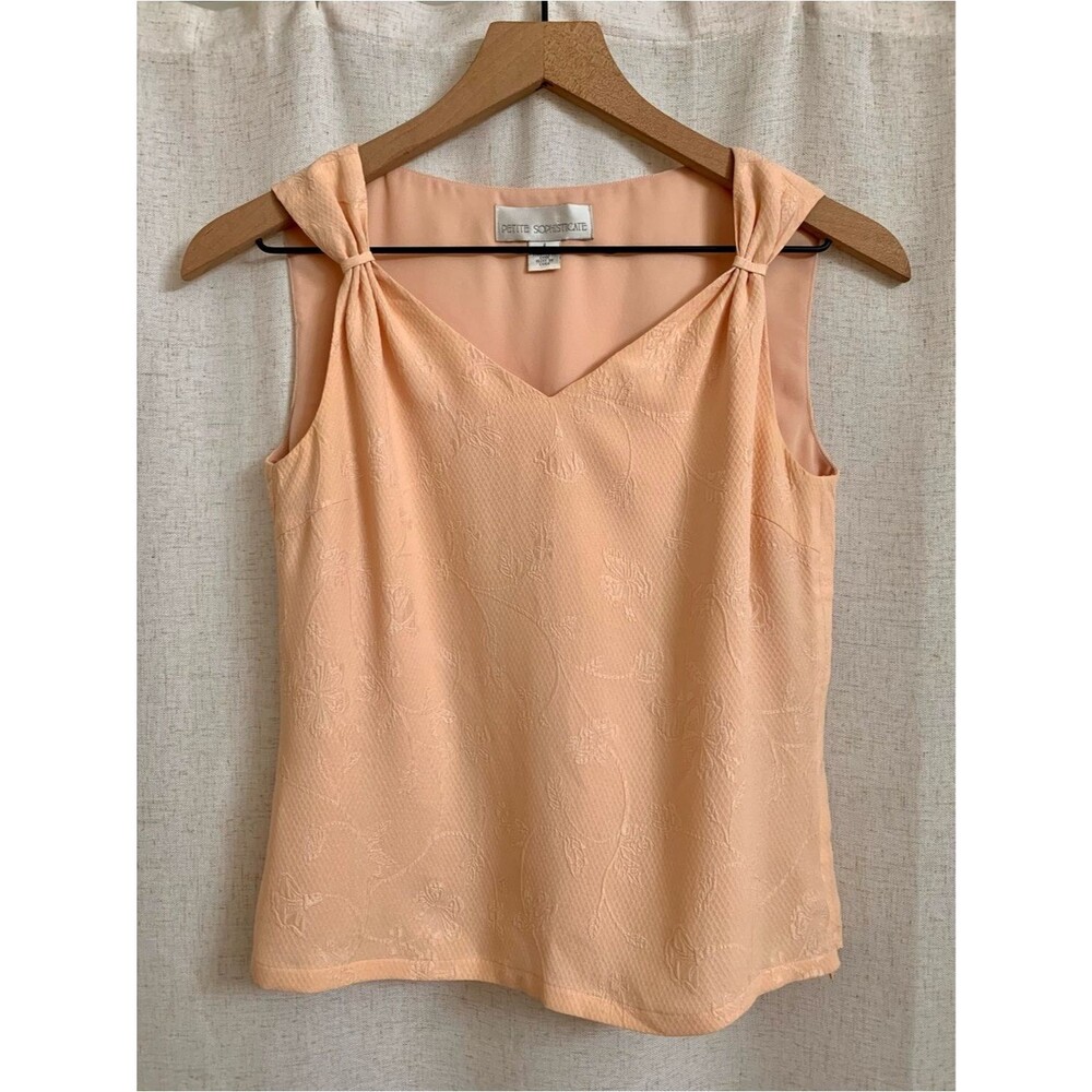 Petite Sophisticate 100% Silk Peach Knot-Shoulder V-Neck Tank Blouse 2 Vintage